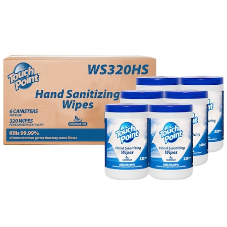 Touch Point Hand Sanitizing Wipes Canister , 6.7" x 6.75", 320 Wipes/Canister, 6 Canisters/Case WS320HS